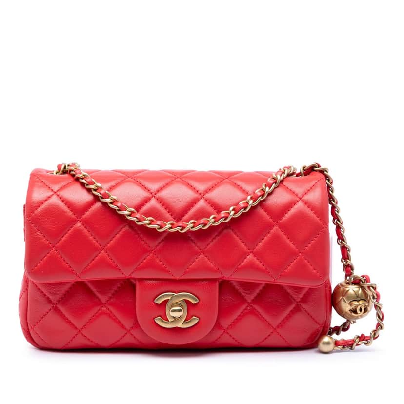Chanel Mini Rectangular Classic Lambskin Pearl Crush Single Flap Red Leather Very good condition - Front View