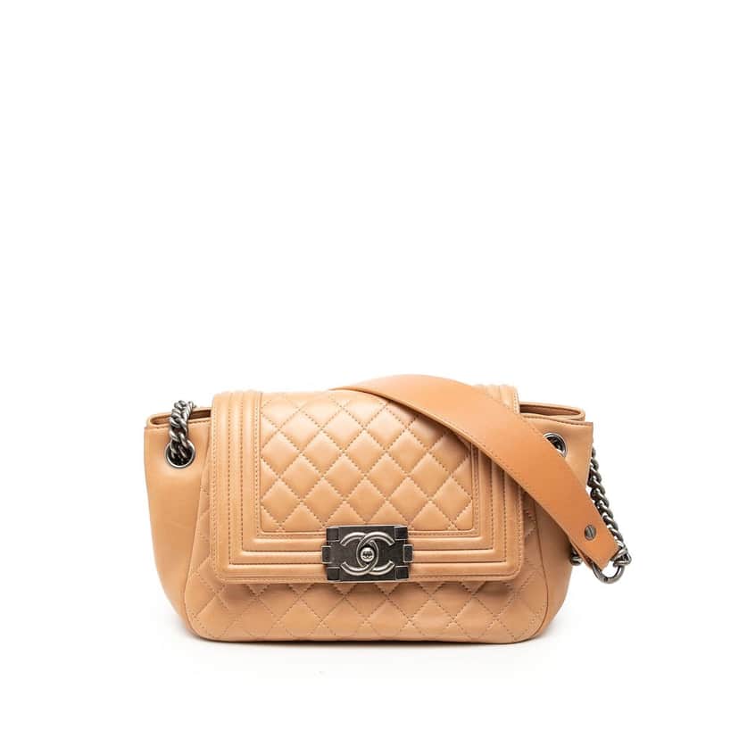 Chanel Quilted Lambskin Accordion Boy Flap Beige Leather Very good condition - Front View
