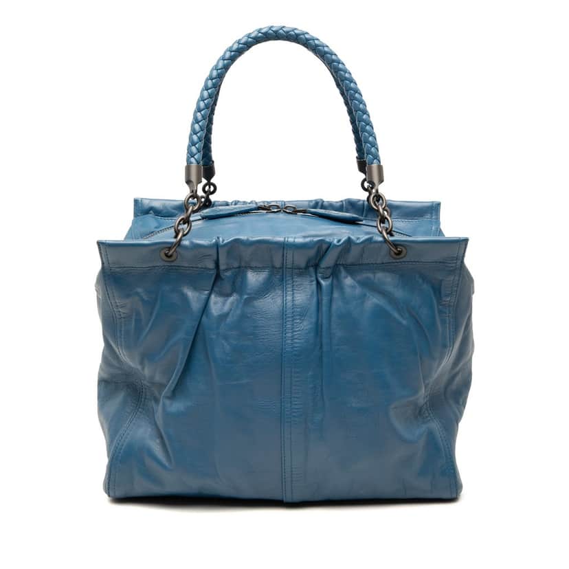 Bottega Veneta Nappa Intrecciato Trimmed Handbag Blue Leather Very good condition - Front View