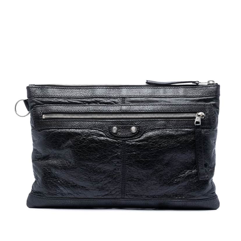 Balenciaga Lambskin Motocross Classic Clip M Clutch Black Leather Very good condition - Front View