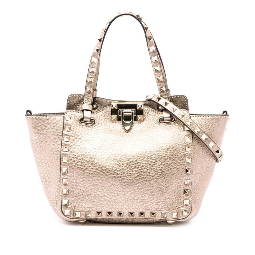 Valentino Mini Metallic Pebbled Calfskin Rockstud Trapeze Satchel Gold Leather Very good condition - Front View