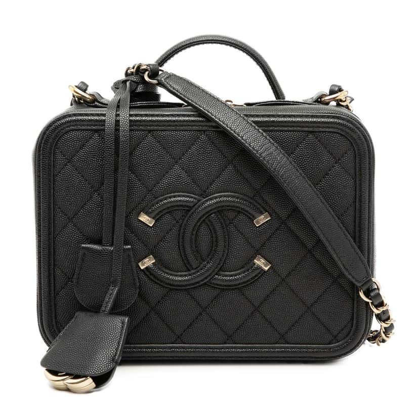 Chanel Medium Caviar CC Filigree Vanity Case Black Leather Very good condition - Front View