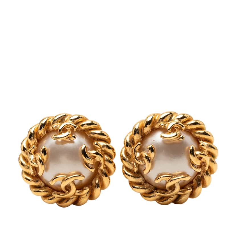 Chanel CC Gold Plated Faux Pearl Clip On Earrings Gold Metal Very good condition - Front View