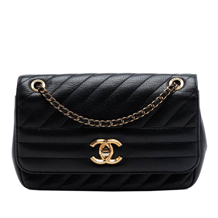 Chanel Small CC Diagonal Quilted Goatskin Flap Black Leather Very good condition - Front View