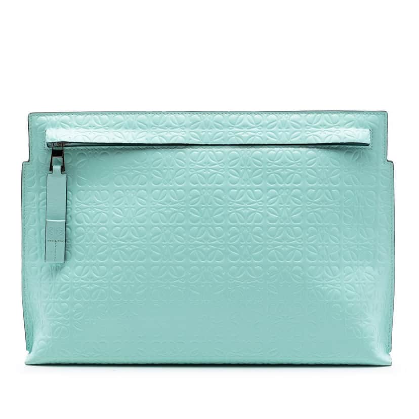 LOEWE Embossed Calfskin Anagram Repeat T Pouch Green Leather Very good condition - Front View