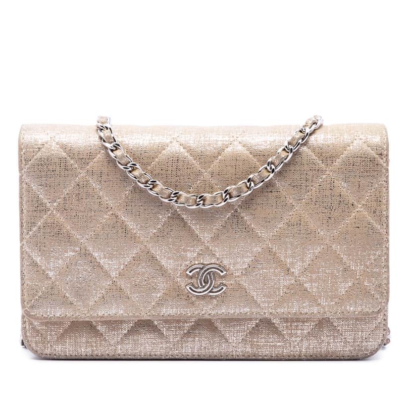 Chanel CC Quilted Metallic Fabric Wallet On Chain Gold Very good condition - Front View