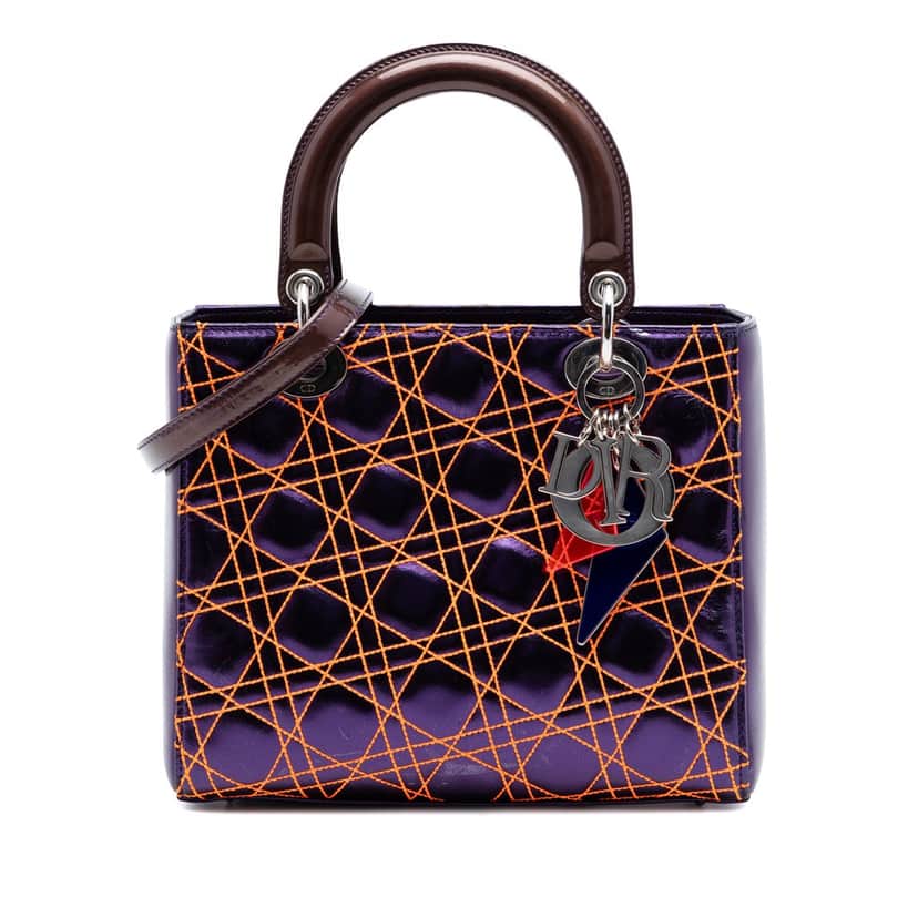 Dior Anselm Reyle Medium Metallic Lambskin Cannage Lady Dior Purple Leather Very good condition - Front View