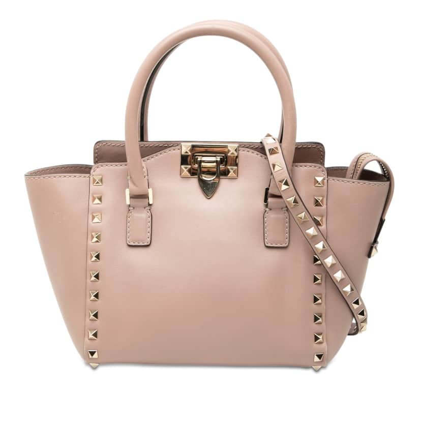 Valentino Mini Leather Rockstud Double Handle Tote Brown Leather Very good condition - Front View