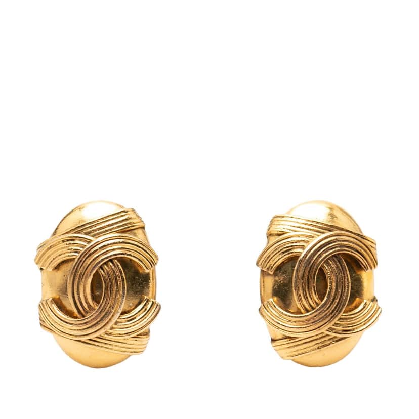 Chanel CC Gold Plated Oval Clip on Earrings Gold Metal Very good condition - Front View