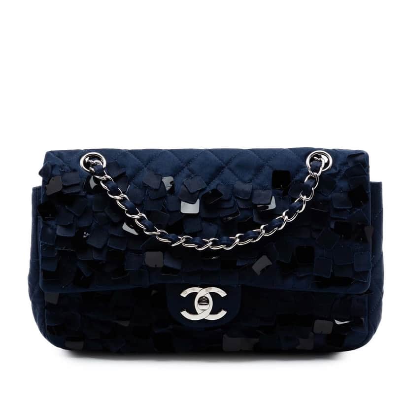 Chanel Medium Classic Satin Paillette Embellished Double Flap Blue Very good condition - Front View