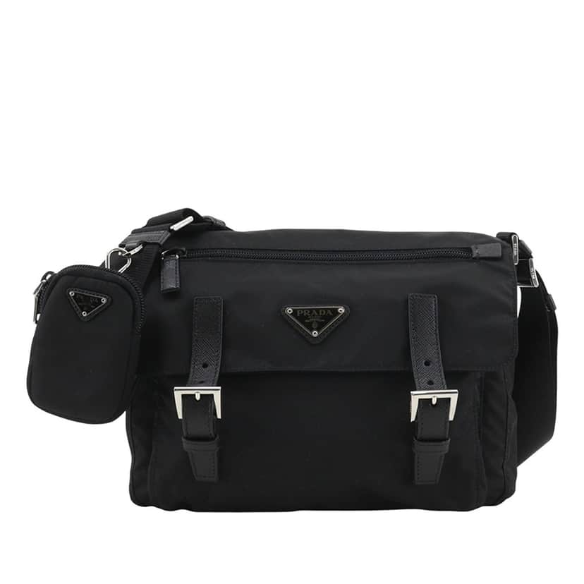Prada Saffiano Trimmed Re Nylon Zip Double Buckle Messenger Bag Black Very good condition - Front View