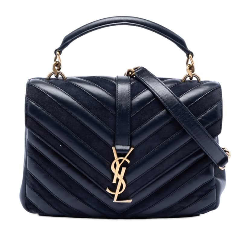 Saint Laurent Medium Calfskin and Suede Chevron Monogram College Satchel Blue Leather Very good condition - Front View