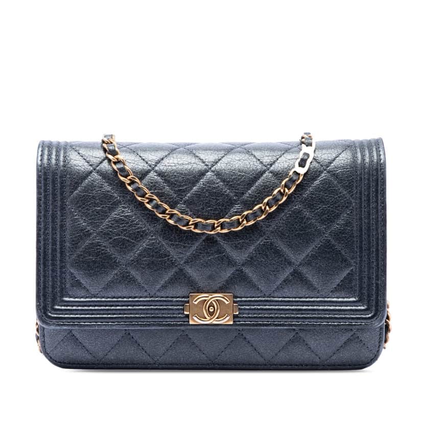 Chanel Quilted Metallic Calfskin Boy Wallet on Chain Black Leather Very good condition - Front View