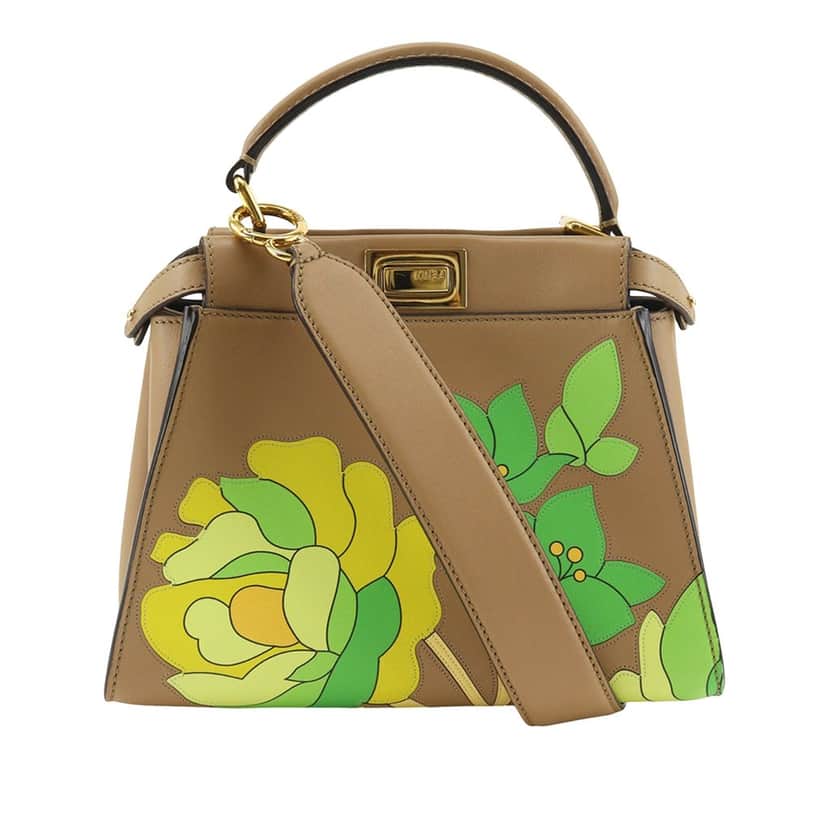 Fendi Mini Nappa Flower Inlay Peekaboo Iconic Satchel Beige Leather Very good condition - Front View