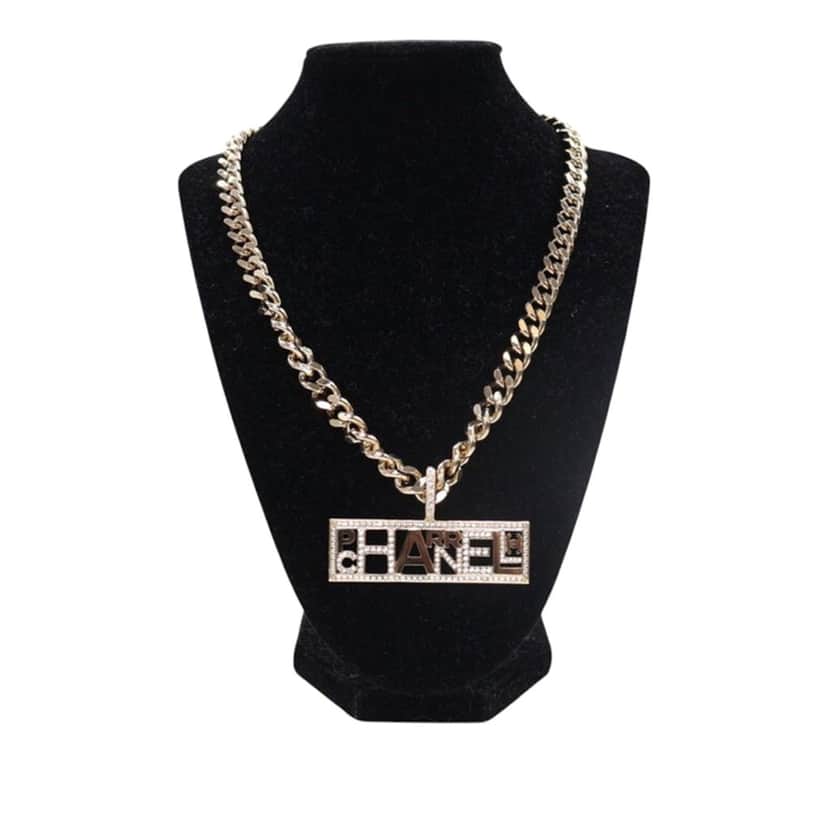 Chanel Pharrell Gold Plated Strass Chain Letters Pendant Necklace Gold Metal Very good condition - Front View