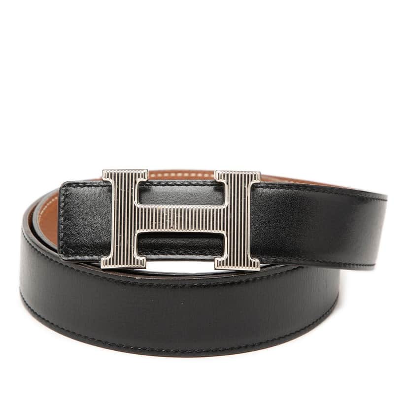 Hermès Togo and Box Calf H Strie Reversible Belt Black Leather Very good condition - Front View