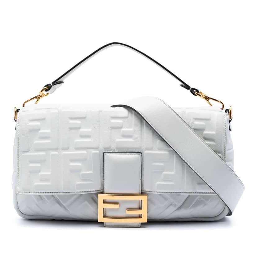 Fendi Large Zucca Embossed Leather Baguette Satchel White Leather Very good condition - Front View