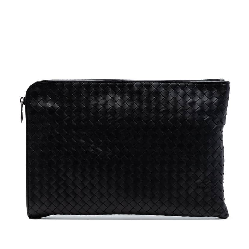 Bottega Veneta Large Nappa Intrecciato Zip Pouch Blue Leather Very good condition - Front View