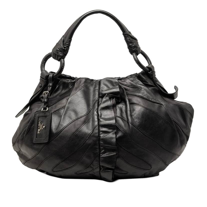 Prada Nappa Mordore Ruffle Hobo Black Leather Very good condition - Front View