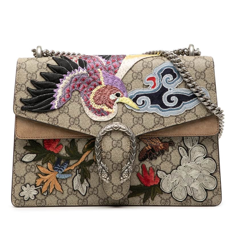 Gucci Medium GG Supreme Bird and Flowers Embroidered Dionysus Shoulder Bag Beige Very good condition - Front View