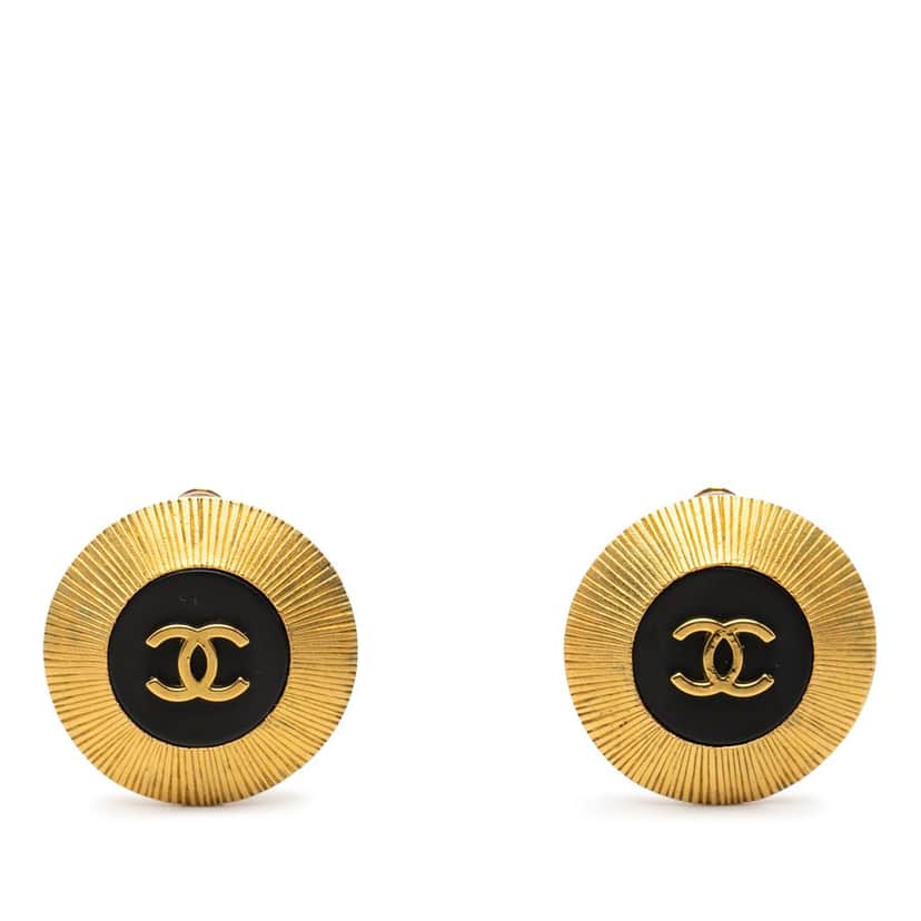 Chanel CC Gold Plated Resin Round Button Clip On Earrings Gold Metal Very good condition - Front View