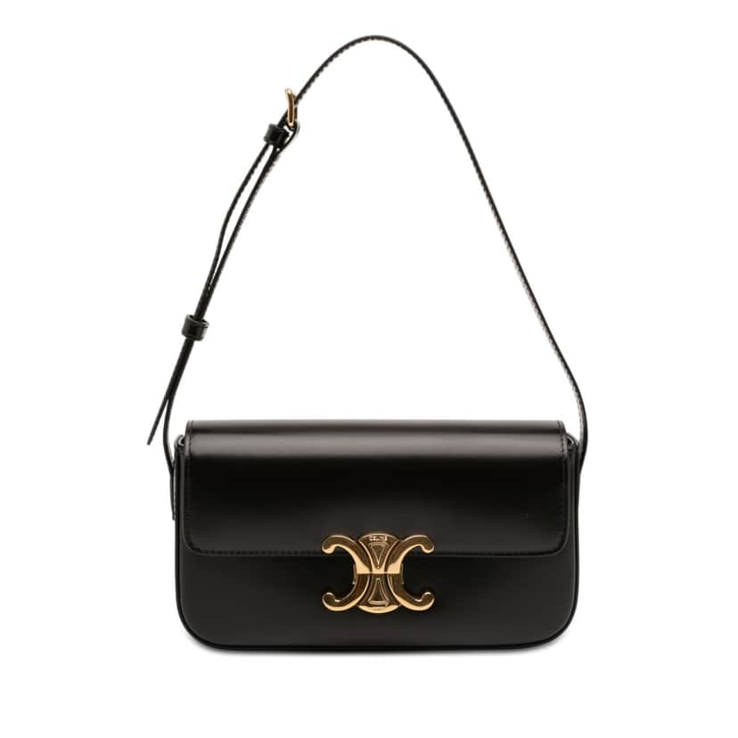 Celine Shiny Calfskin Triomphe Claude Shoulder Bag Black Leather Very good condition - Front View