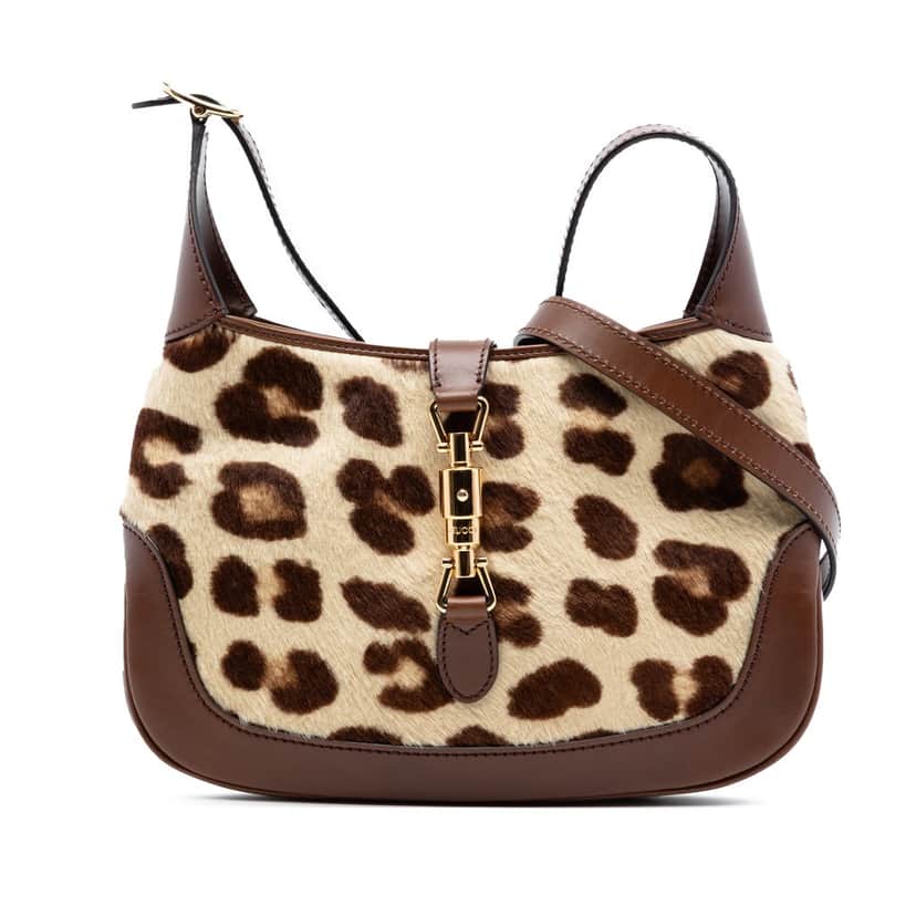 Gucci HA HA HA Small Pony Hair and Leather Leopard Print Jackie 1961 Crossbody Beige Very good condition - Front View
