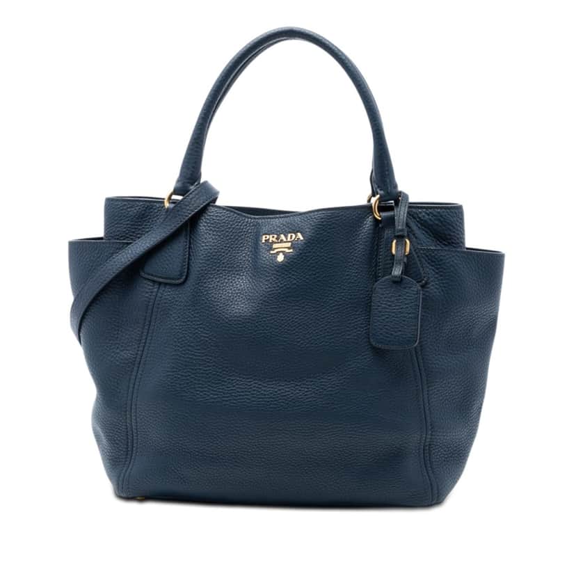 Prada Vitello Daino Side Pocket Convertible Tote Blue Leather Very good condition - Front View