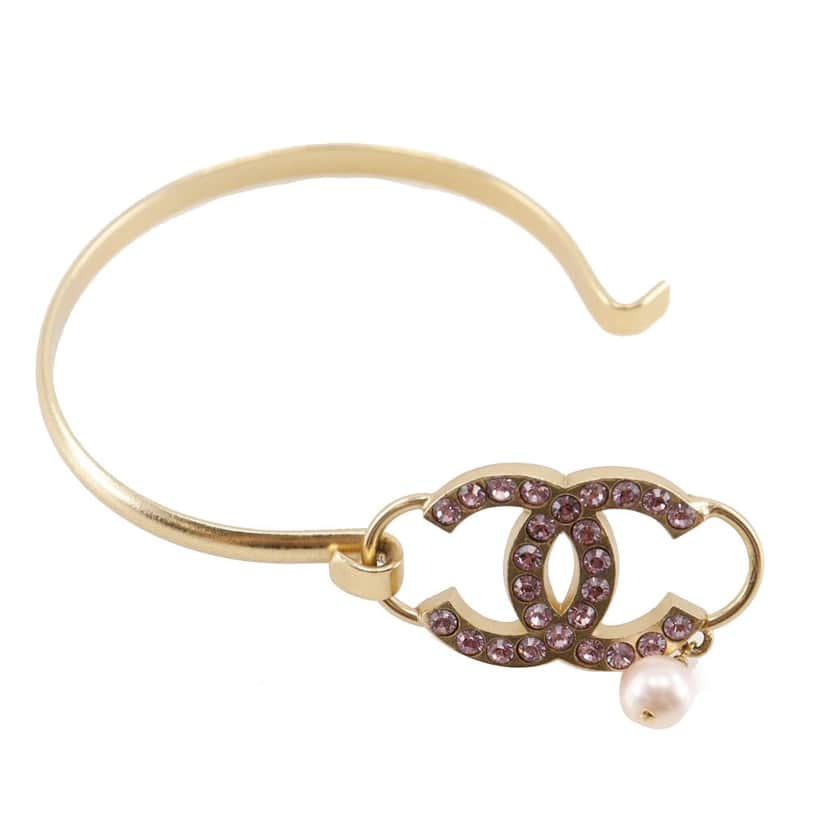 Chanel CC Gold Plated Rhinestone and Faux Pearl Bangle Gold Metal Very good condition - Front View