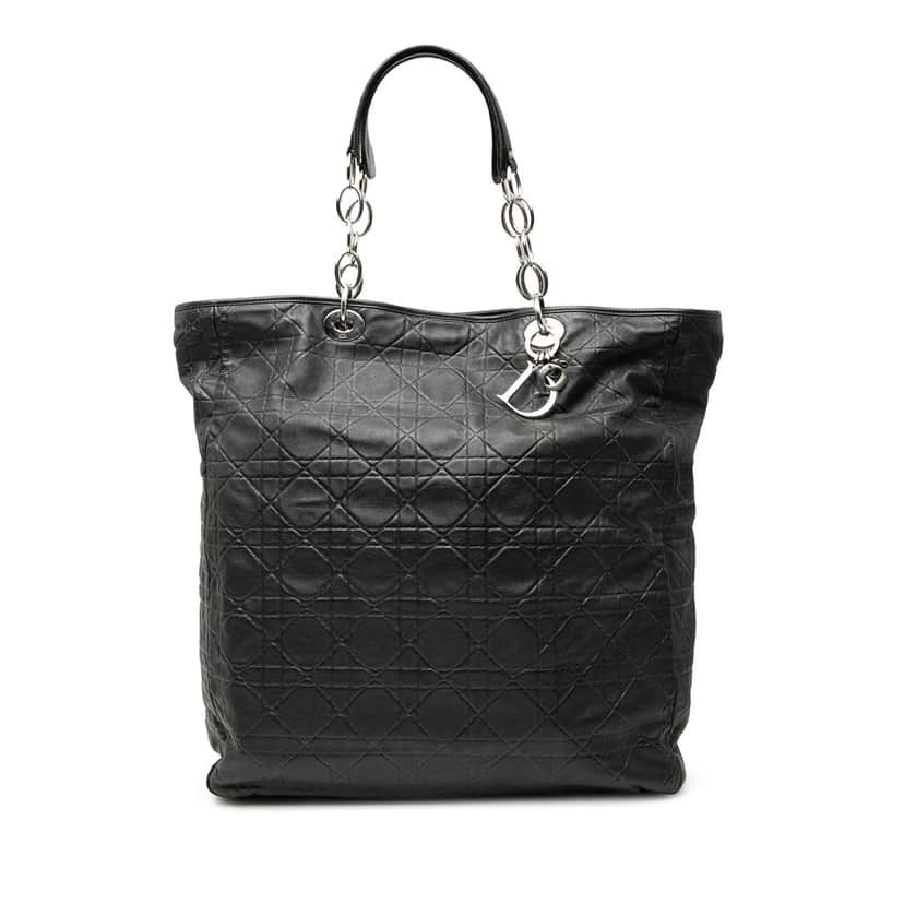 Dior Large Lambskin Cannage Lady Dior Soft Shopping Tote Black Leather Very good condition - Front View