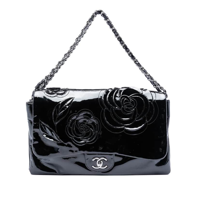 Chanel Patent Camellia Flap Bag Black Leather Very good condition - Front View