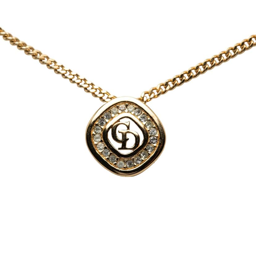 Dior Gold Plated Crystal CD Diamond Pendant Necklace Gold Metal Very good condition - Front View