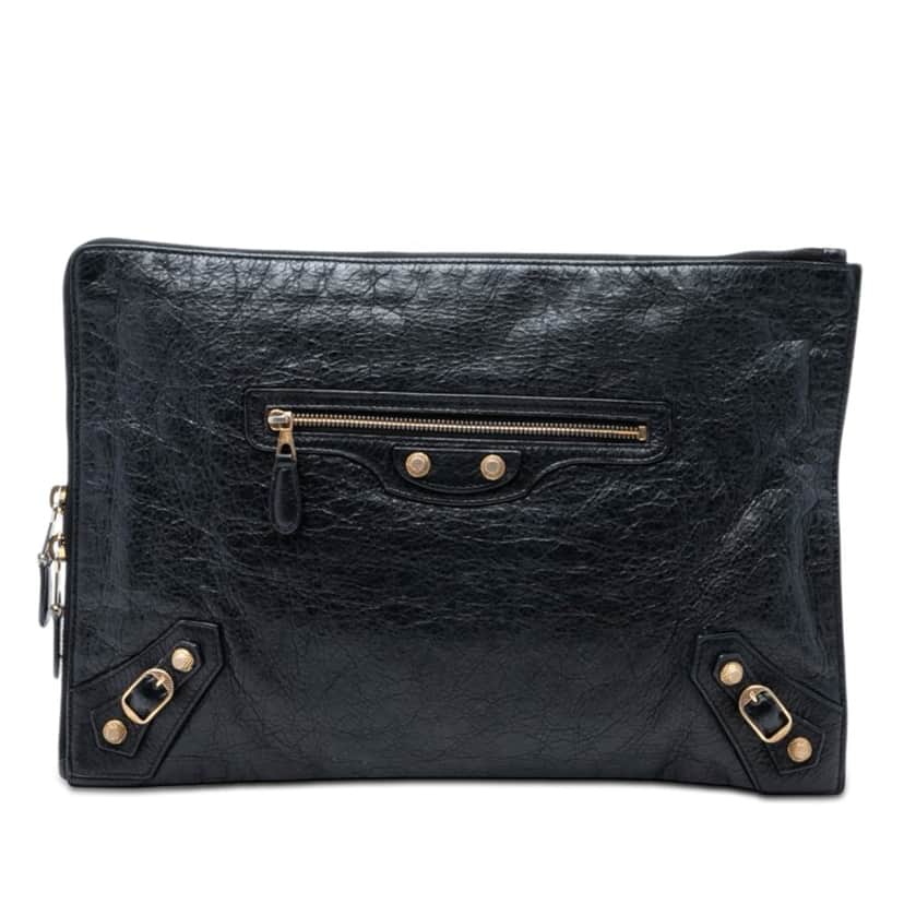 Balenciaga Lambskin Motocross Giant 12 Zip Around Flat Clutch Black Leather Very good condition - Front View