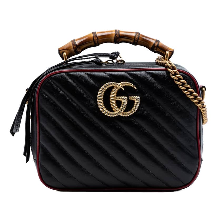 Gucci Small GG Marmont Matelasse Diagonal Leather Torchon Bamboo Satchel Black Leather Very good condition - Front View