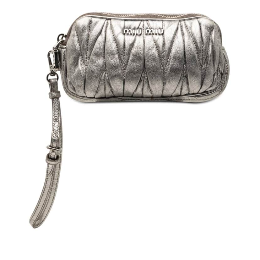 Miu Miu Matelasse Metallic Nappa Double Zip Pouch Silver Leather Very good condition - Front View