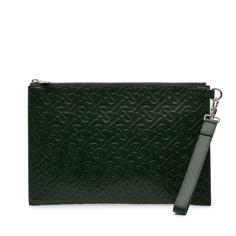Burberry Embossed Leather TB Monogram Clutch Green Leather Very good condition - Front View
