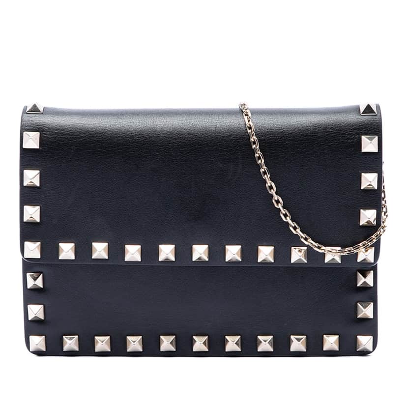 Valentino Leather Rockstud Clutch on Chain Black Leather Very good condition - Front View