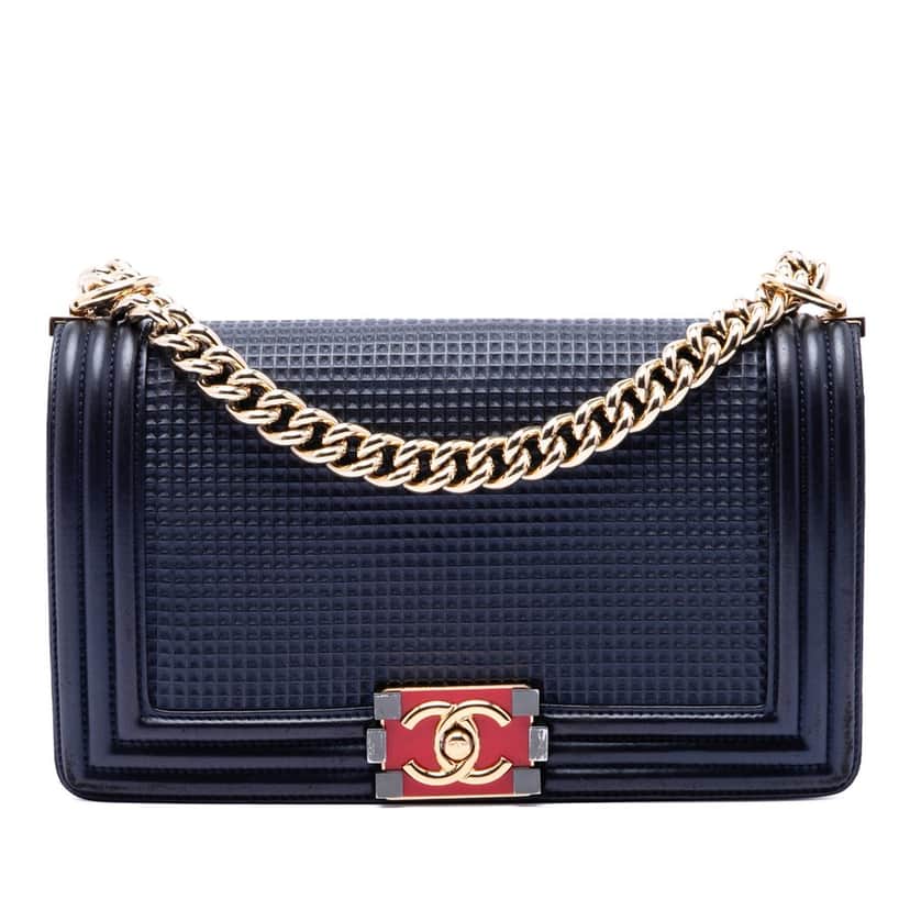 Chanel Old Medium Lambskin Embossed Cube Boy Flap Blue Leather Very good condition - Front View
