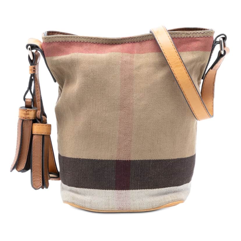 Burberry Mini Mega Check Canvas Ashby Tassel Bucket Bag Brown Very good condition - Front View