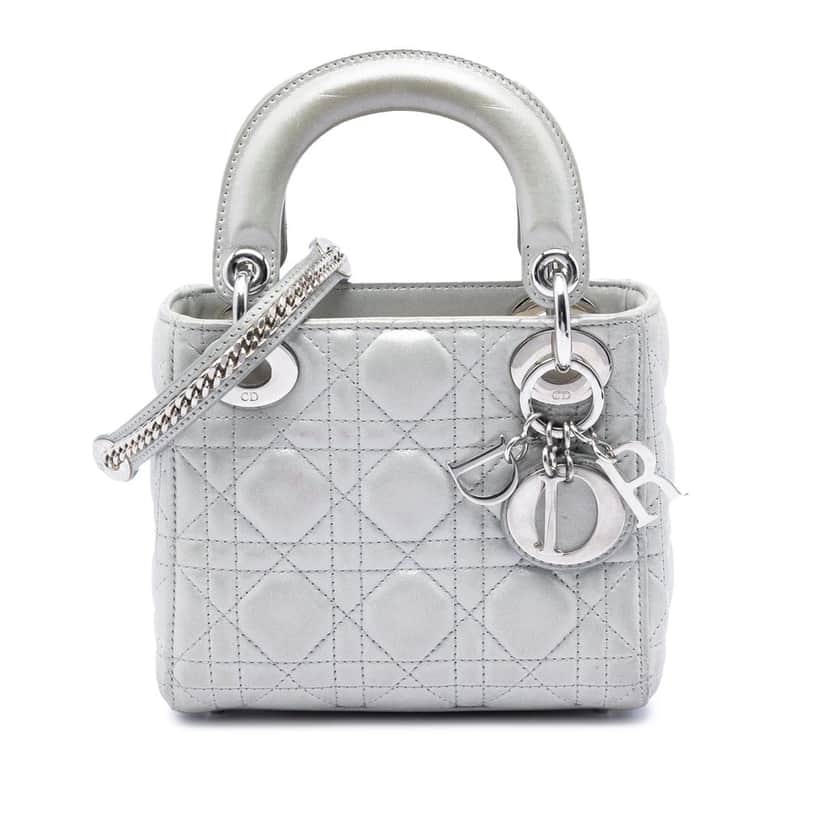 Dior Mini Iridescent Lambskin Cannage Lady Dior Silver Leather Very good condition - Front View