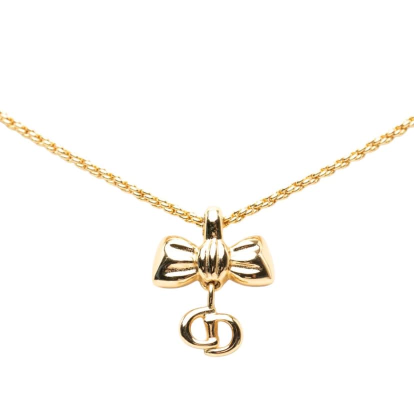 Dior Gold Plated Ribbon CD Logo Pendant Necklace Gold Metal Very good condition - Front View