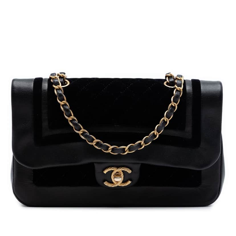 Chanel Paris Cosmopolite Medium Velvet and Metallic Lambskin Flap Black Very good condition - Front View