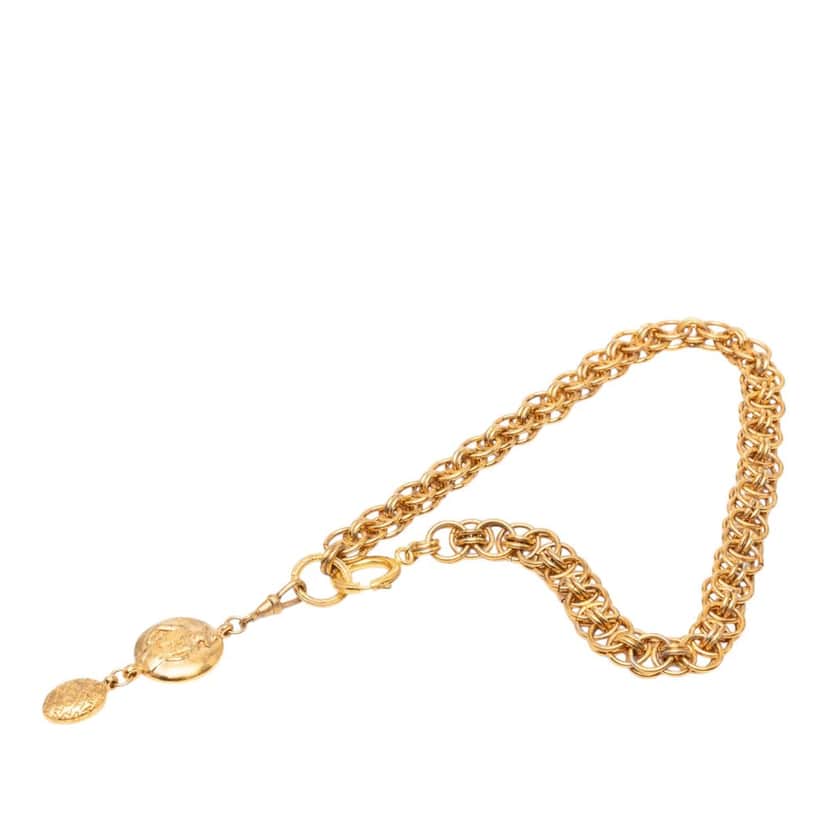 Chanel Gold Plated Double Chain Mademoiselle Medallion Pendant Necklace Gold Metal Very good condition - Front View