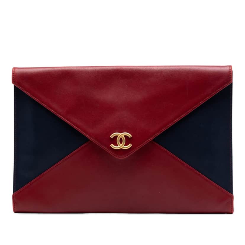 Chanel Large Bicolor Lambskin Envelope Clutch Red Leather Very good condition - Front View