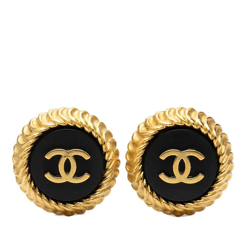 Chanel CC Gold Plated and Resin Button Clip On Earrings Gold Metal Very good condition - Front View