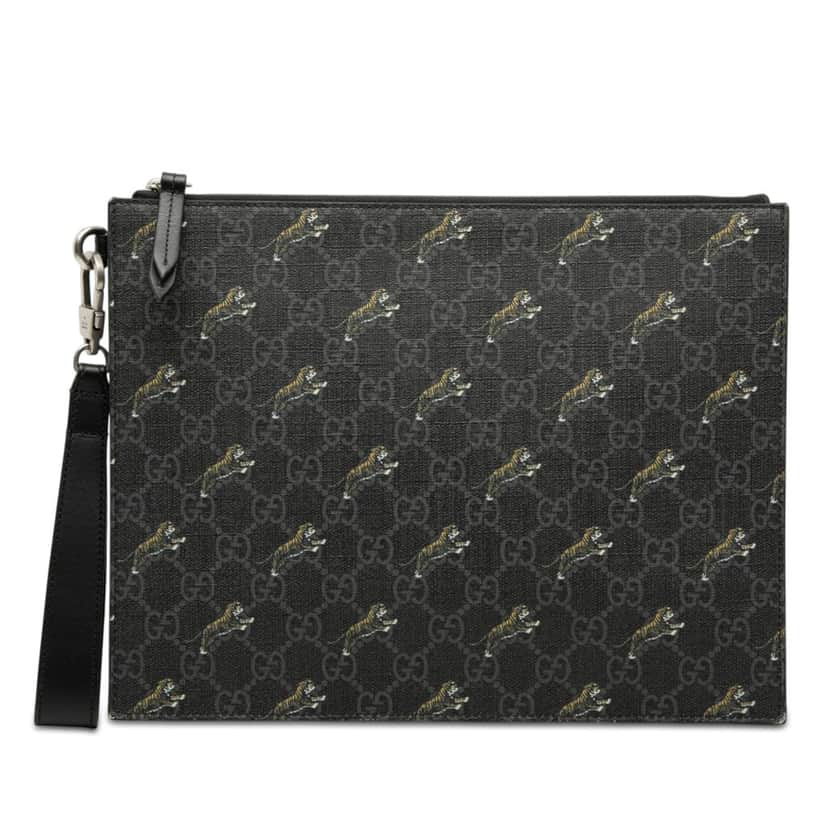 Gucci GG Supreme Tigers Zip Wristlet Pouch Black Very good condition - Front View