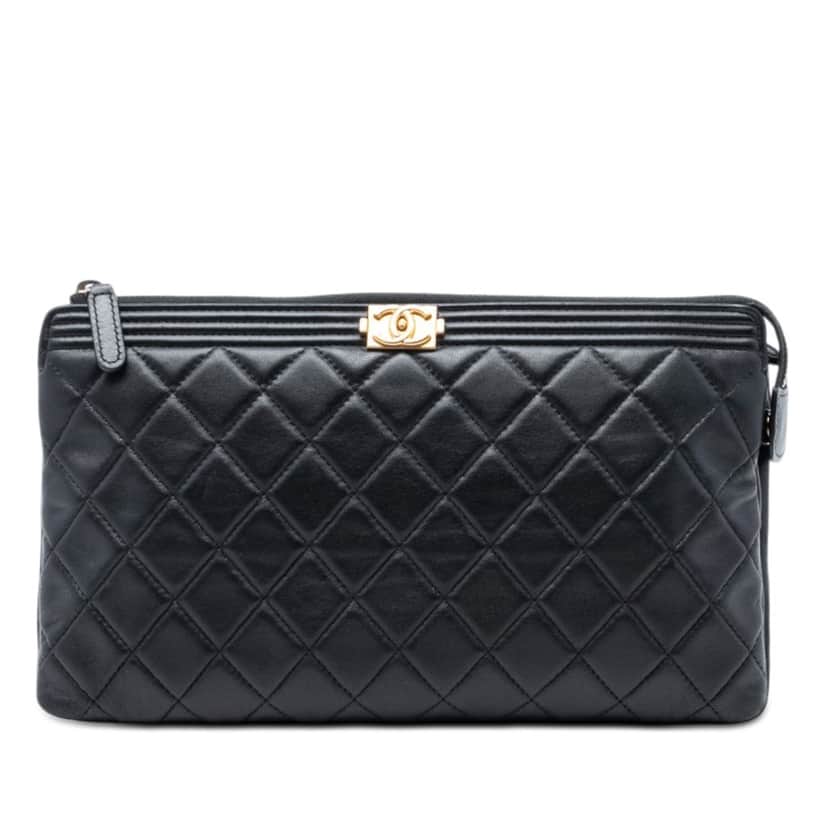 Chanel Quilted Lambskin Boy Zip Clutch Black Leather Very good condition - Front View