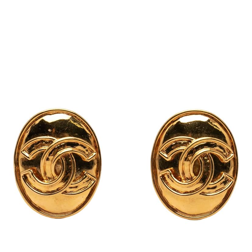 Chanel CC Gold Plated Oval Clip on Earrings Gold Metal Very good condition - Front View