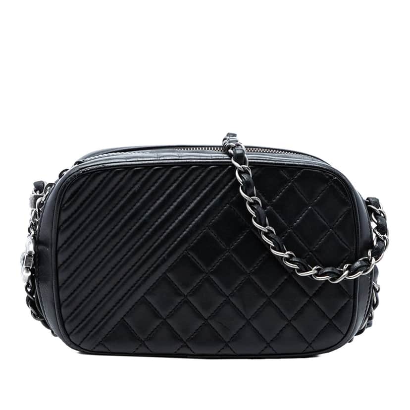 Chanel Mini Quilted Lambskin Coco Boy Camera Bag Black Leather Very good condition - Front View