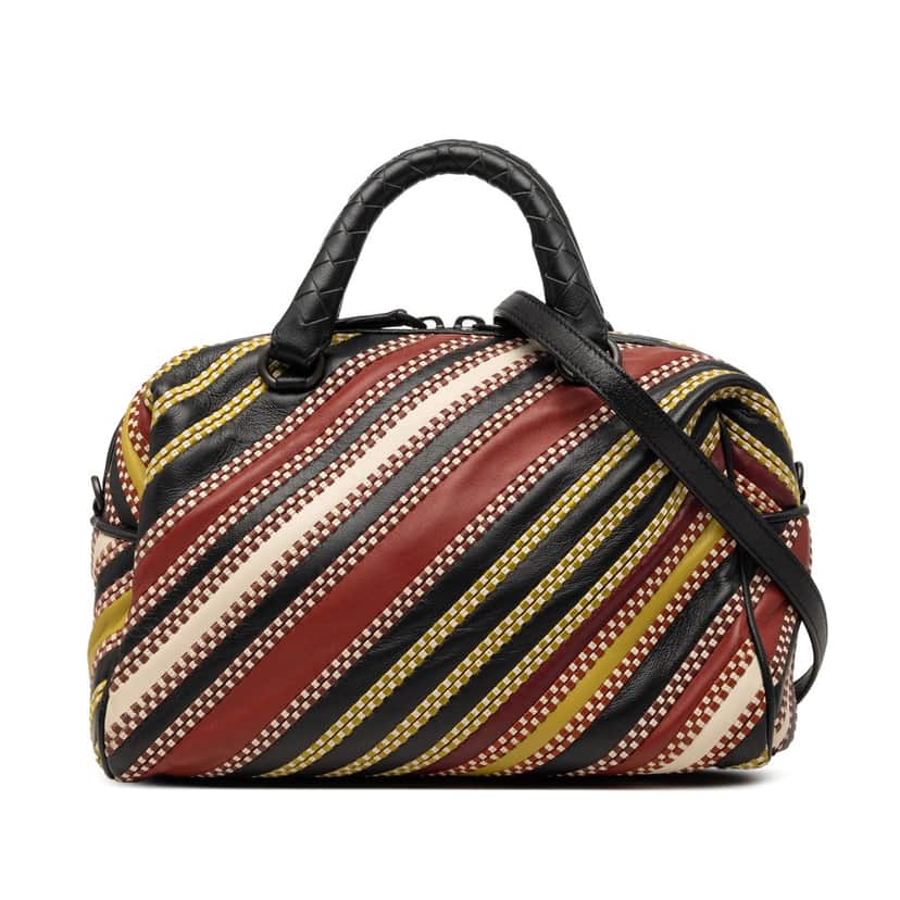 Bottega Veneta Nappa Diagonal Stripe Boston Bag Black Leather Very good condition - Front View